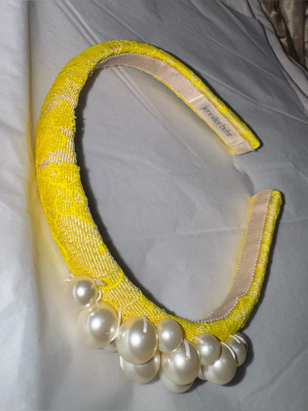 Jennifer Behr AUTHENTIC Lemon Yellow Lace Pearl Cluster Embellished Headband - Picture 8 of 16